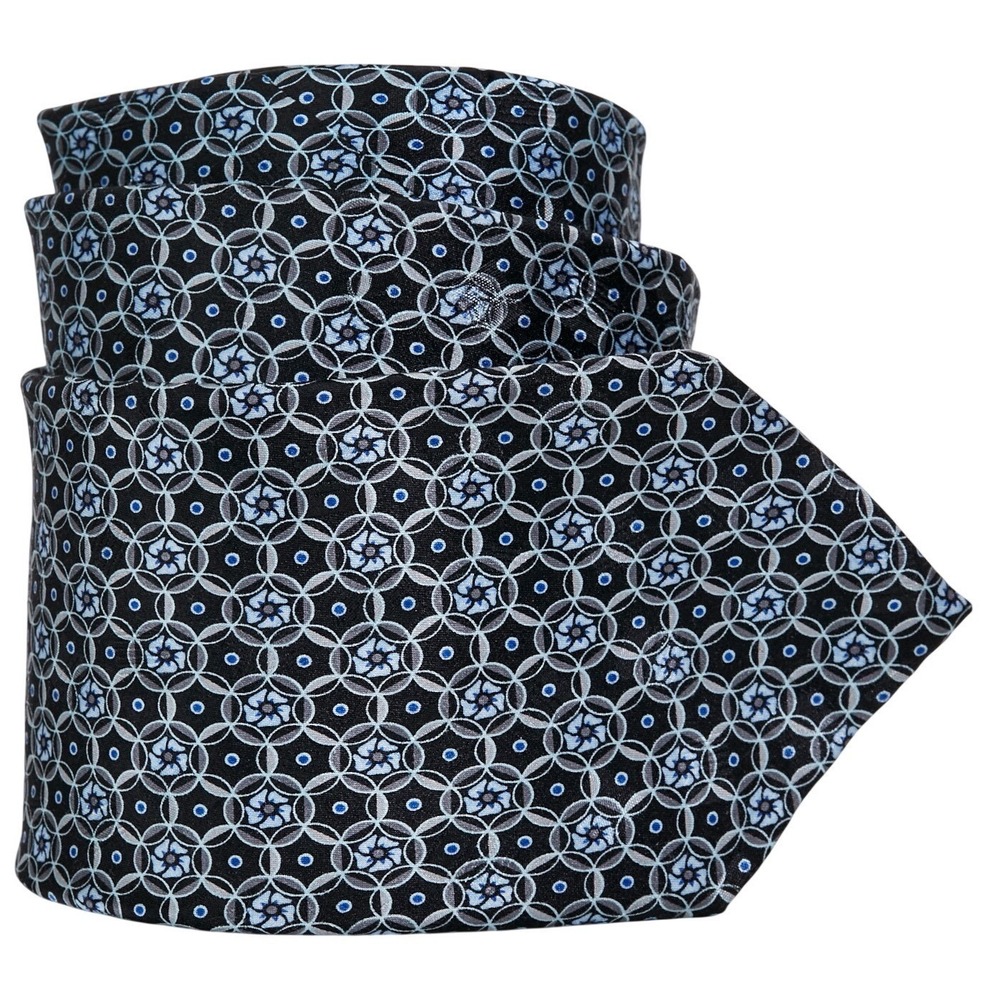 John W. Nordstrom Men's Silk Necktie Black Blue Gray Geometric Floral Medallion‎